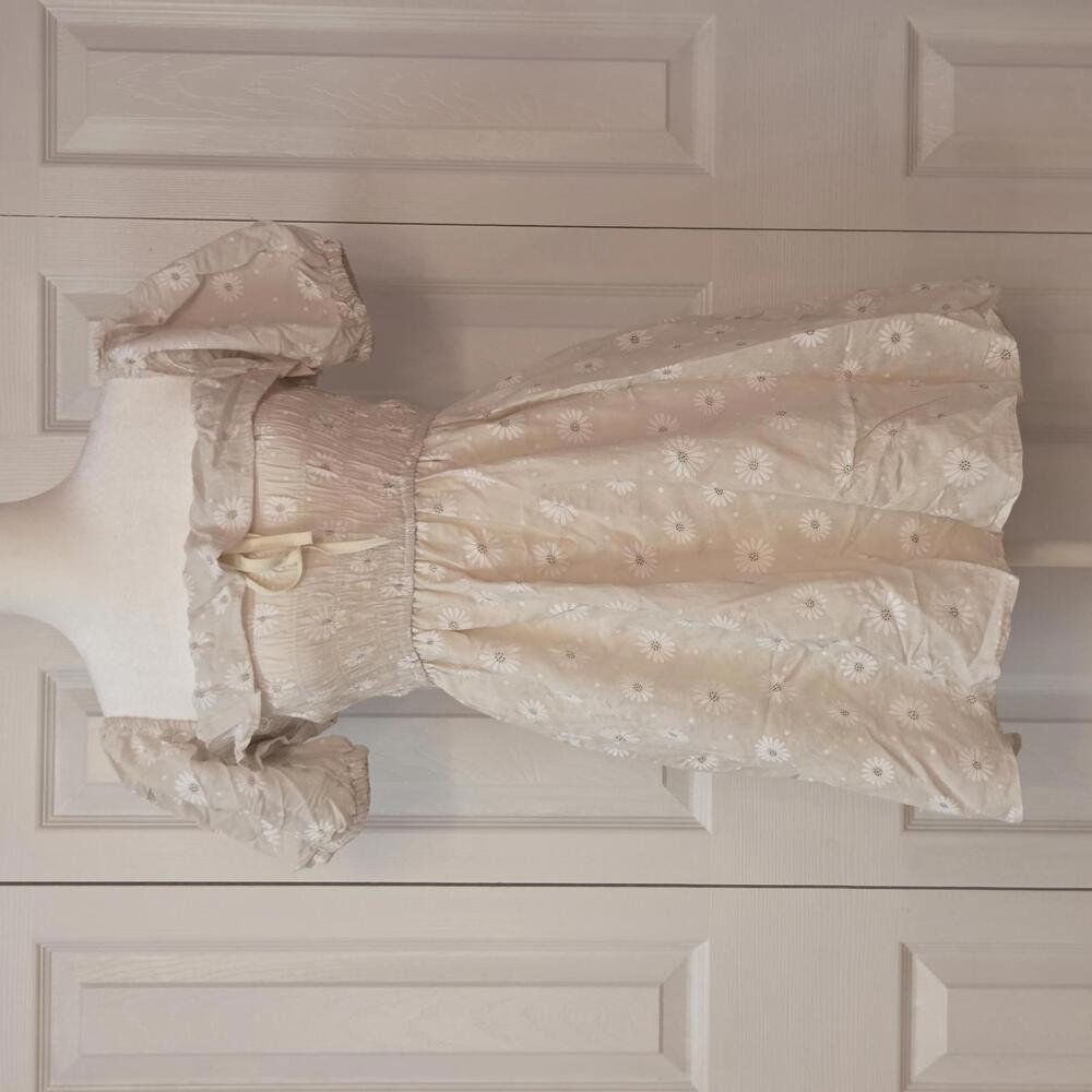 Smocked Puff Sleeve Floral Mini Dress Sz XS Cream Beige A-line Cottagecore Boho